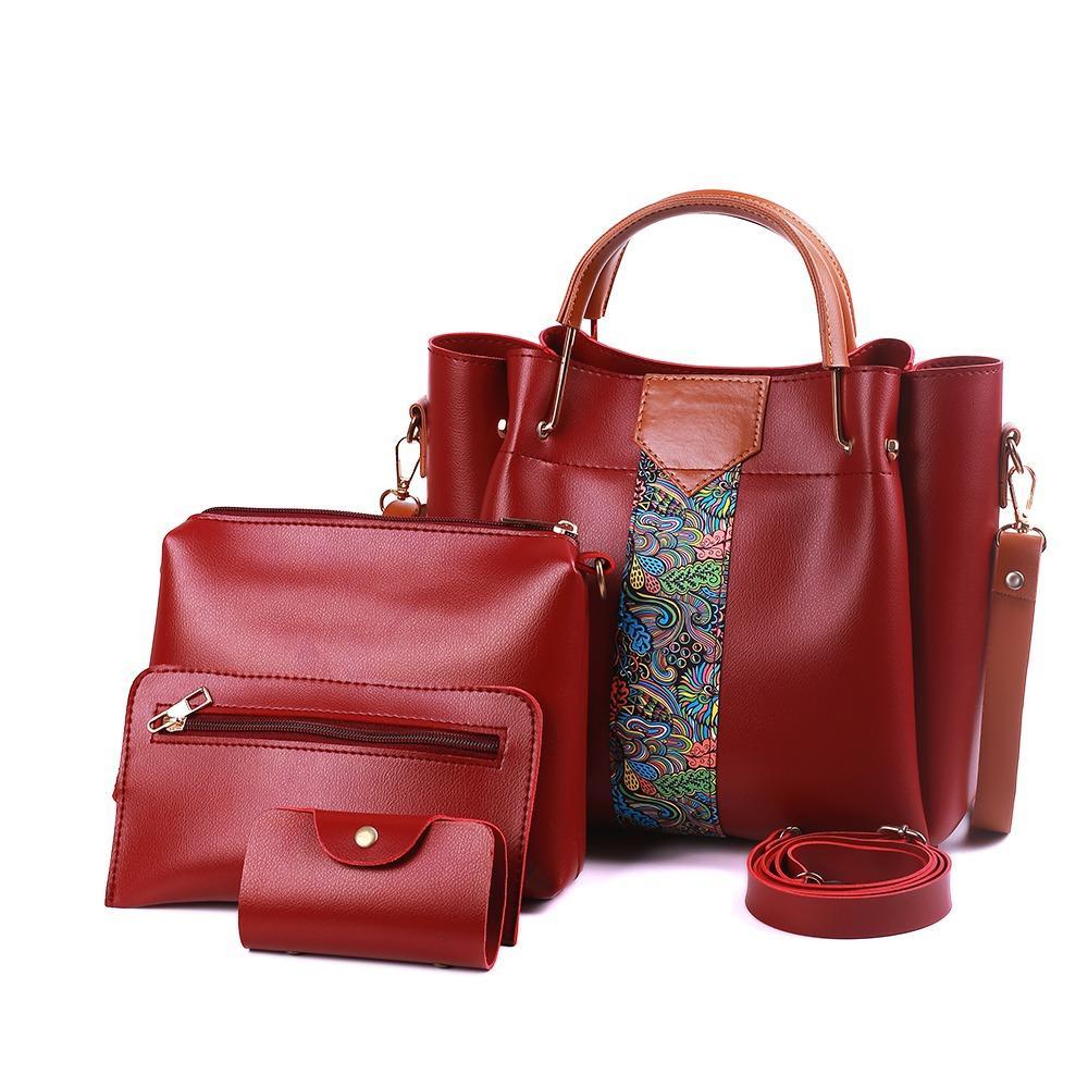 Set of red handbags with a colorful patch on a white background