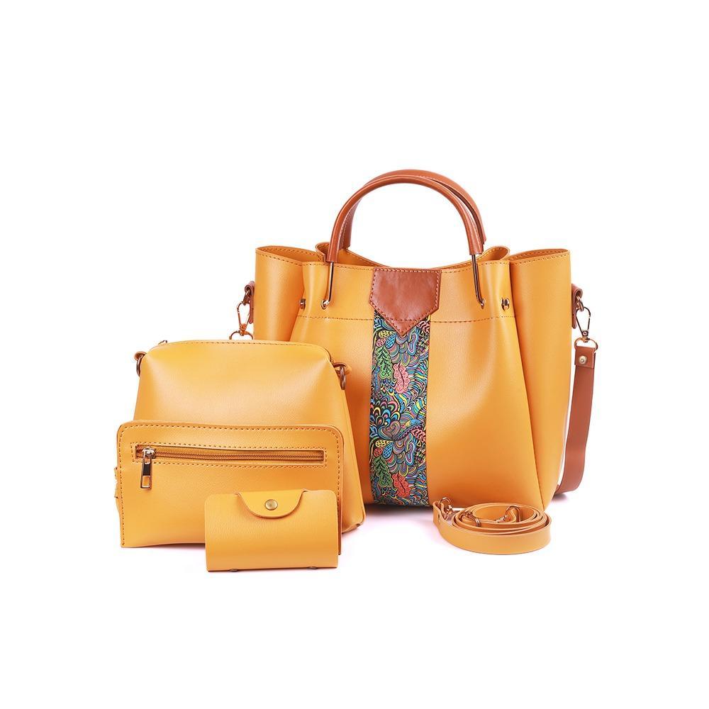 Set of yellow handbags with a floral pattern on a white background