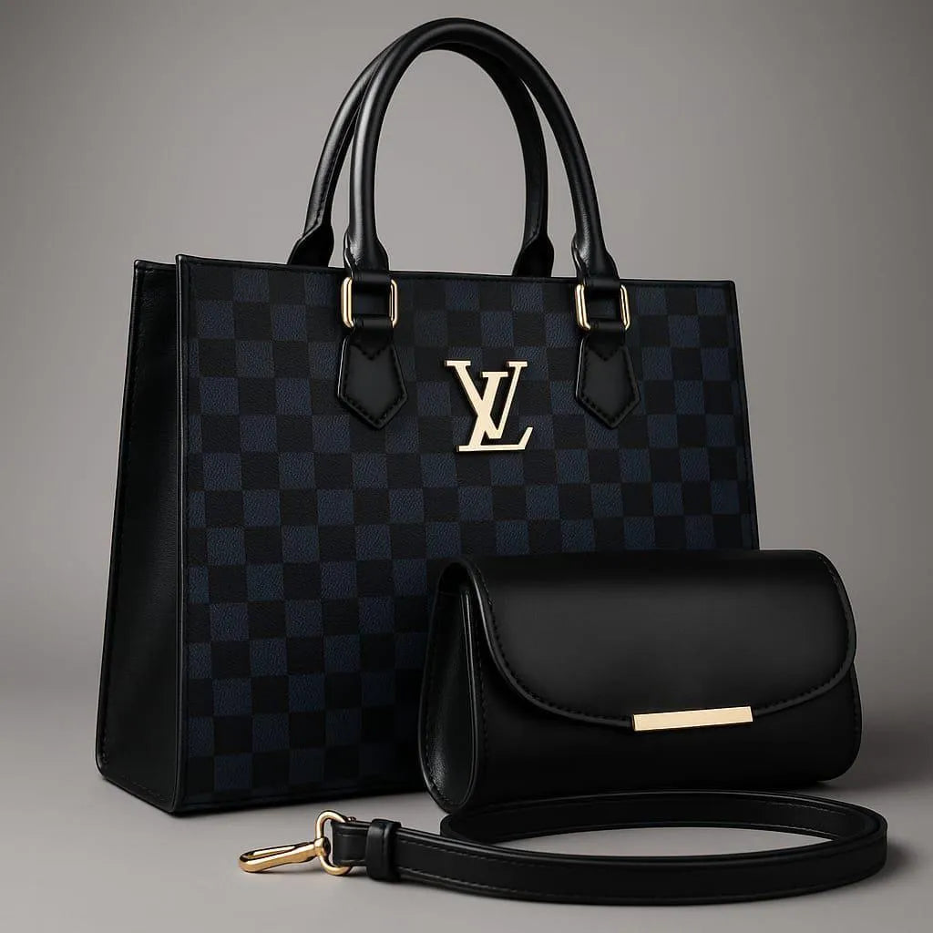 Black checkered handbag with gold accents and a matching pouch on a gray background