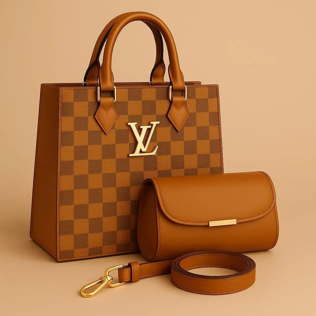 Brown checkered handbag with matching pouch and belt on a beige background